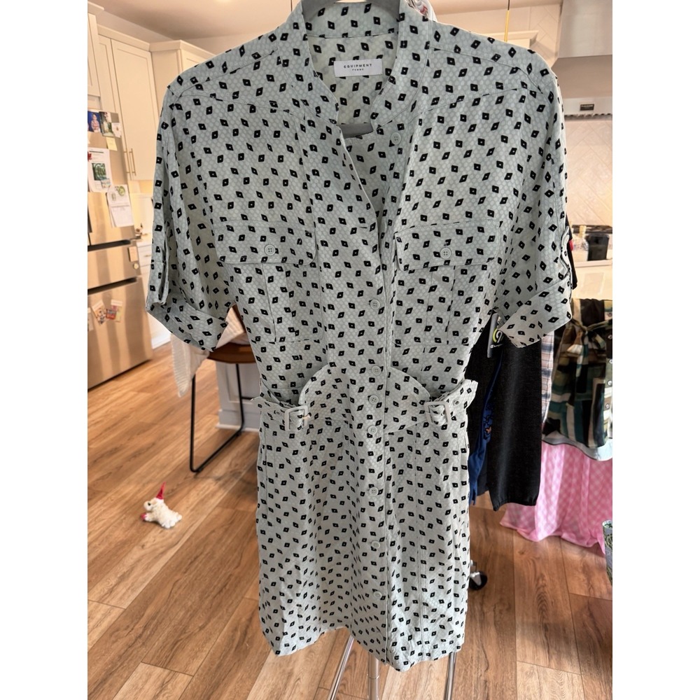 Equipment Absalone Shirt Dress Women 2 Mint Green NWOT Geometric V-Neck Belted